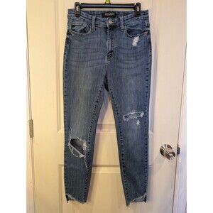 Women's Judy Blue Skinny Fit Distressed Stretch Jeans Raw Hem Dark Blue Size 30